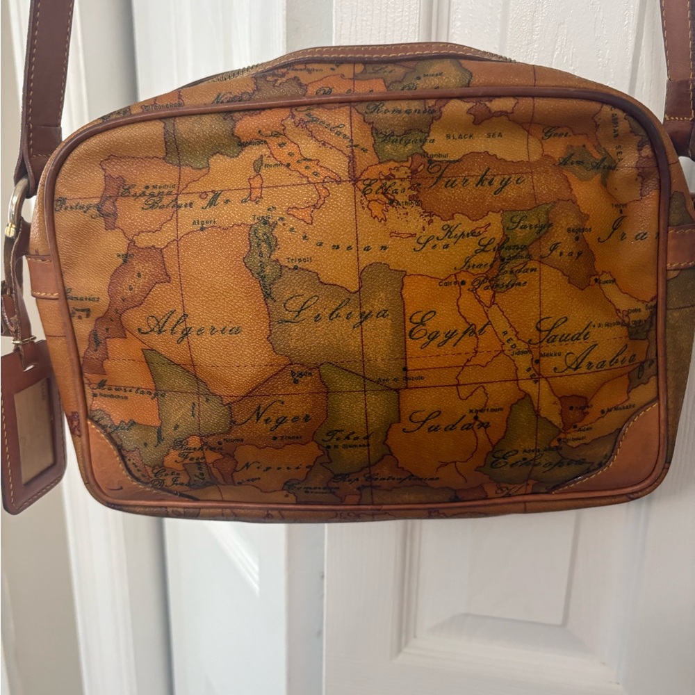 Alviero Martini Map-Print Messenger Bag in Warm Brown and Tan